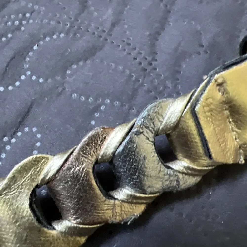 Vintage 70's Belt Adjustable Leather Metallic Glam Wrap Chain Gold Bronze Cream